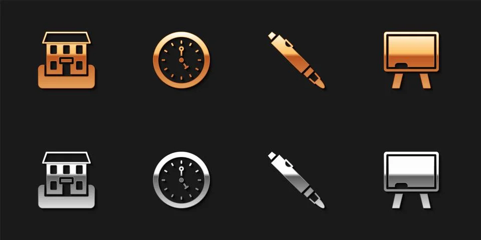 Set School building, Clock, Marker pen and Chalkboard icon. Vector Stock Illustration