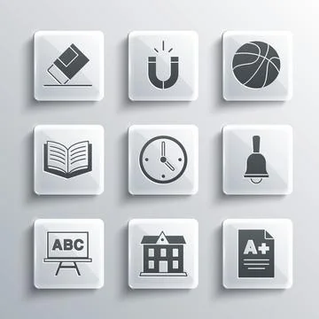 Set School building, Exam sheet with A plus grade, Ringing bell, Clock Ilustración de archivo
