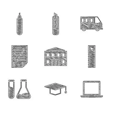 Set School building, Graduation cap, Laptop, Ruler, Test tube and flask, Exam Stock Illustration