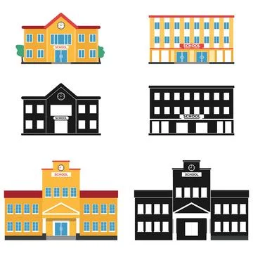 Set of school building icons in flat color and black silhouette isolated Stock Illustration