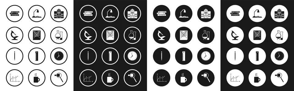 Set School building, Microscope, Office folders papers and documents, Test .. Stock Illustration