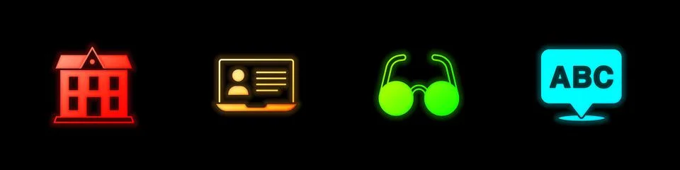 Set School building, Online class, Glasses and Alphabet icon. Vector Ilustración de archivo