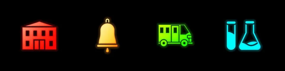 Set School building, Ringing bell, Bus and Test tube and flask icon. Vector Ilustración de archivo