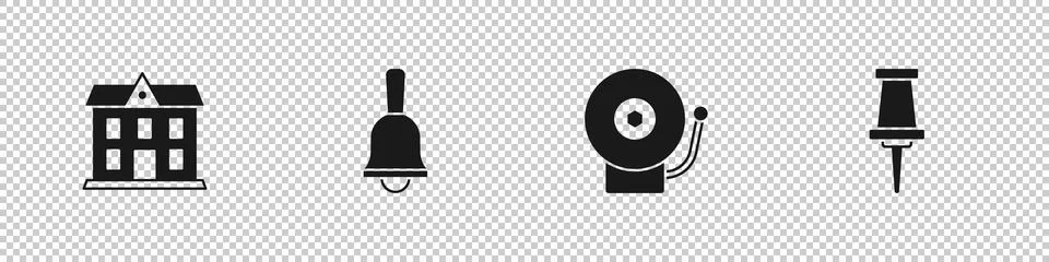 Set School building, Ringing bell, alarm and Push pin icon. Vector Stock Illustration