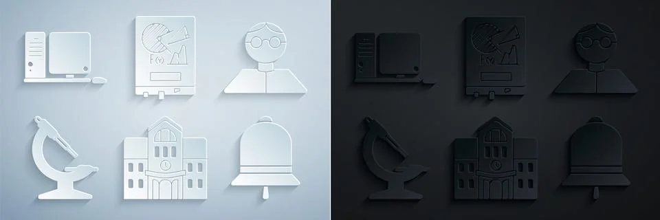 Set School building, Student, Microscope, Ringing bell, Board with graph chart Ilustración de archivo