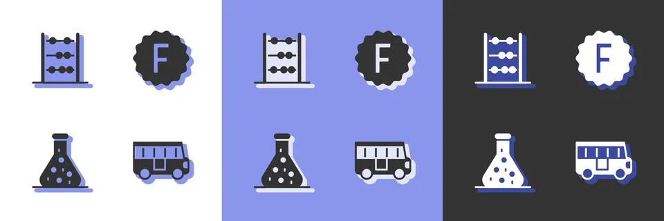Set School Bus, Abacus, Test tube and Exam paper with incorrect answers icon. Stock Illustration