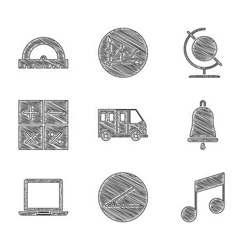 Set School Bus, Acute angle, Music note, tone, Ringing bell, Laptop, Calculator 스톡 일러스트
