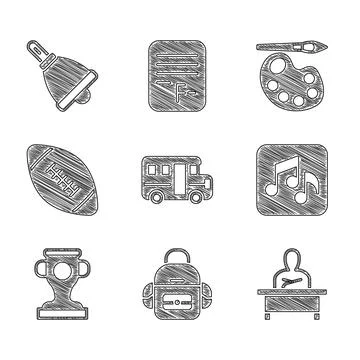 Set School Bus, backpack, Schoolboy sitting at desk, Music note, tone, Award cup Ilustración de archivo