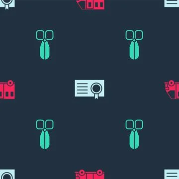 Set School Bus, Certificate template and Scissors on seamless pattern. Vector Stock Illustration