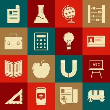 Set School Bus, Chalkboard, Identification badge, Earth globe, Calculator, .. Illustrazione stock