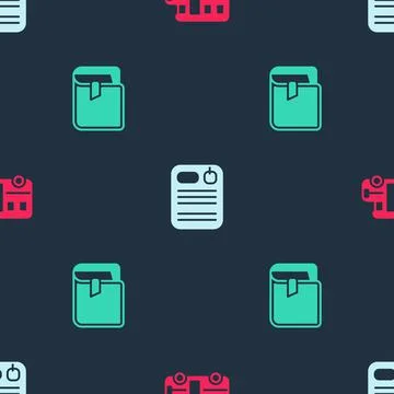 Set School Bus, Dossier folder and Book on seamless pattern. Vector Stock Illustration