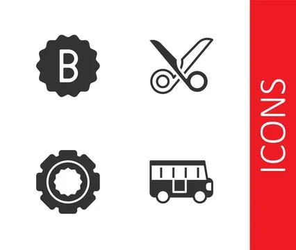 Set School Bus, Exam paper with incorrect answers, Gear and Scissors icon Stock Illustration