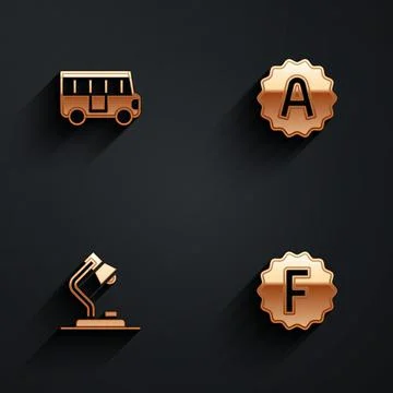 Set School Bus, Exam sheet with A plus grade, Table lamp and paper incorrect Illustrazione stock