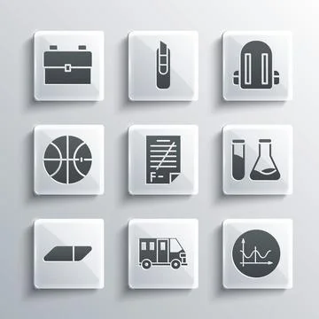 Set School Bus, Graph, schedule, chart, diagram, Test tube and flask, Exam paper Stock Illustration