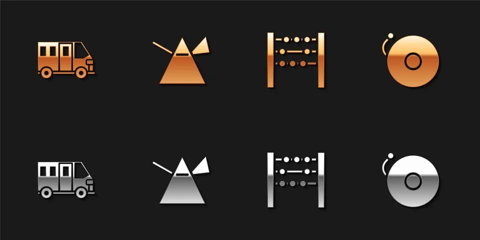 Set School Bus, Light rays in prism, Abacus and Ringing alarm bell icon. Vector Stockillustratie
