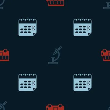 Set School Bus, Microscope and timetable on seamless pattern. Vector Stock Illustration