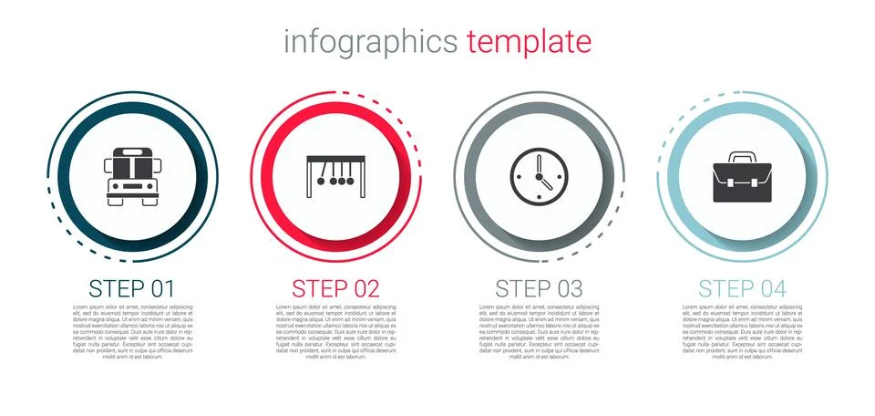 Set School Bus, Pendulum, Clock and Briefcase. Business infographic template Illustration