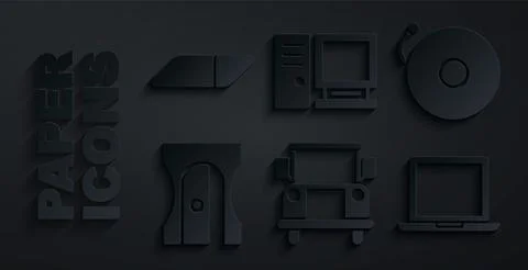 Set School Bus, Ringing alarm bell, Pencil sharpener, Laptop, Computer monitor Stock Illustration