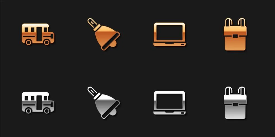 Set School Bus, Ringing bell, Laptop and backpack icon. Vector Stockillustratie