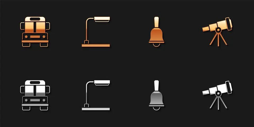 Set School Bus, Table lamp, Ringing bell and Telescope icon. Vector Stock Illustration