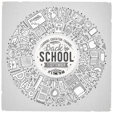 Set of School cartoon doodle objects, symbols and items Illustrazione stock