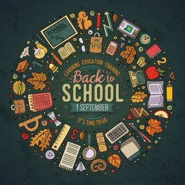 Set of School cartoon doodle objects, symbols and items Illustrazione stock