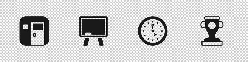 Set School classroom, Chalkboard, Clock and Award cup icon. Vector Stock Illustration