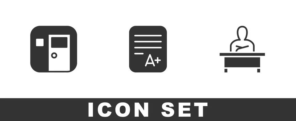 Set School classroom, Exam sheet with A plus grade and Schoolboy sitting at desk 스톡 일러스트