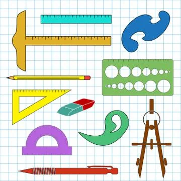 Set of school drawing accessories on cell background Stock Illustration