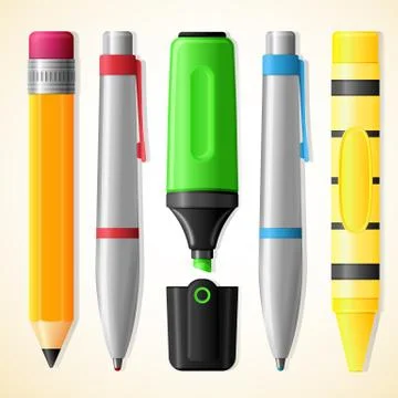 Set of school drawing and writing tools - pen, pencil, highlighter, crayon. Stock Illustration