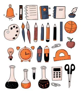 Set school elements. Educational items and supplies - book, ball, ruler, no.. Illustrazione stock