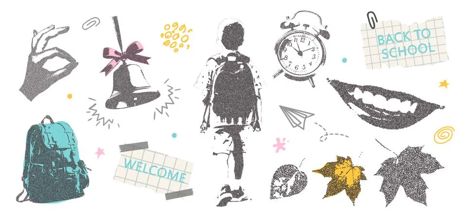 Set of school elements with retro photocopy effect Y2K and doodles. Boy goes to Stock Illustration
