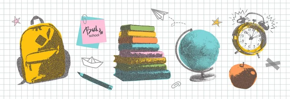 Set of school elements with retro photocopy effect Y2K and doodles. Backpack イラスト素材