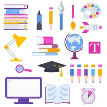 Set of school icons. Flat vector illustration on white background. Stock Illustration