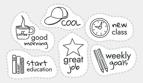 Set school labels. Cup of coffee Good morning. Pencils and textbooks. Star - Stock Illustration