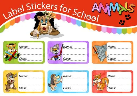 Set of School Labels with Cute Animals Stock Illustration