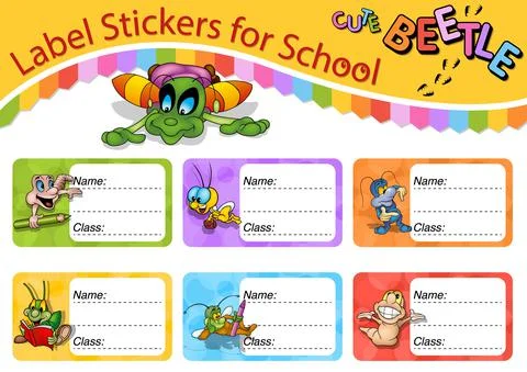 Set of School Labels with Cute Beetles Stock Illustration