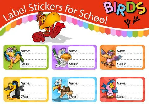 Set of School Labels with Cute Birds Stock Illustration