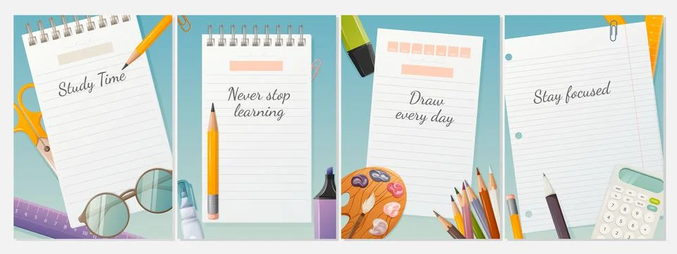 Set of school poster with sheets of notepad and motivational phrases. Stock Illustration