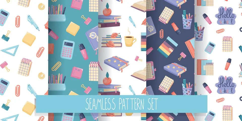 Set of school seamless patterns digital paper. Office stationery in doodle hand Stock Illustration