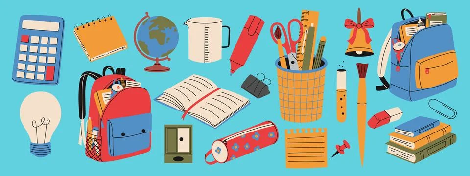 Set of school stationery. Backpack, button, books, scissors, brush, test tu.. Stock Illustration