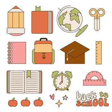 Set of School stationery elements. Contour flat vector illustration. Stock Illustration