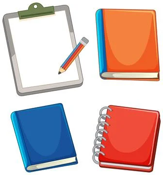 Set of School Stationery Items Including Clipboard Notebooks and Pencil Illustrazione stock