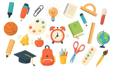 Set of school supplies and education stickers. Back to school. Backpack, book Stock Illustration