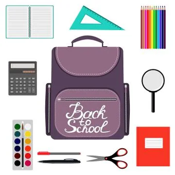 Set of School supplies with Back to school hand drawn lettering. Schoolbag, c Stock Illustration