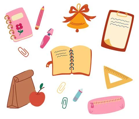 Set of school supplies. Back to school. Office supplies. Bell, pencil, case,  스톡 일러스트