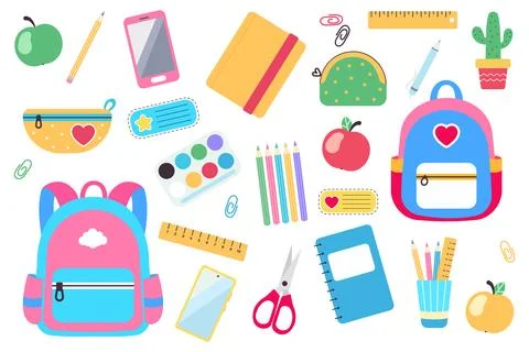Set of school supplies. Back to school. School stationery. Vector flat illu.. Stock Illustration