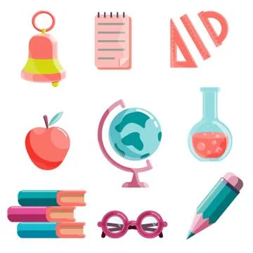 Set of school supplies icon. Vector illustrations isolated on white backgroun Stock Illustration