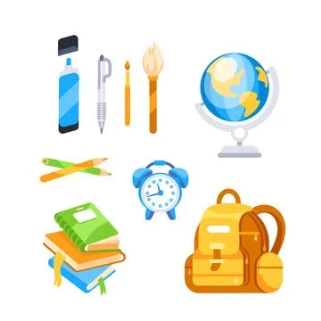 Set of school supplies including a backpack, books, and writing utensils are 스톡 일러스트