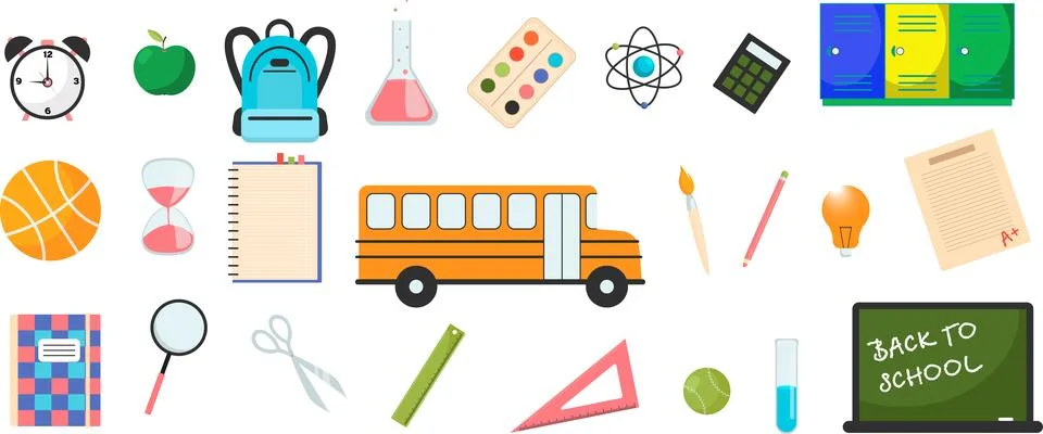 Set of school supplies. Vector flat illustration in hand drawn style. Back to Stock Illustration